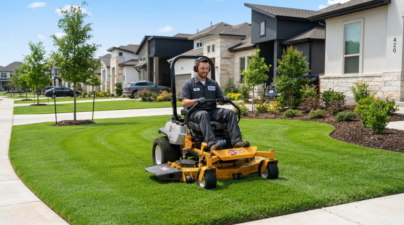 AFS crew member mowing a rental-home lawn