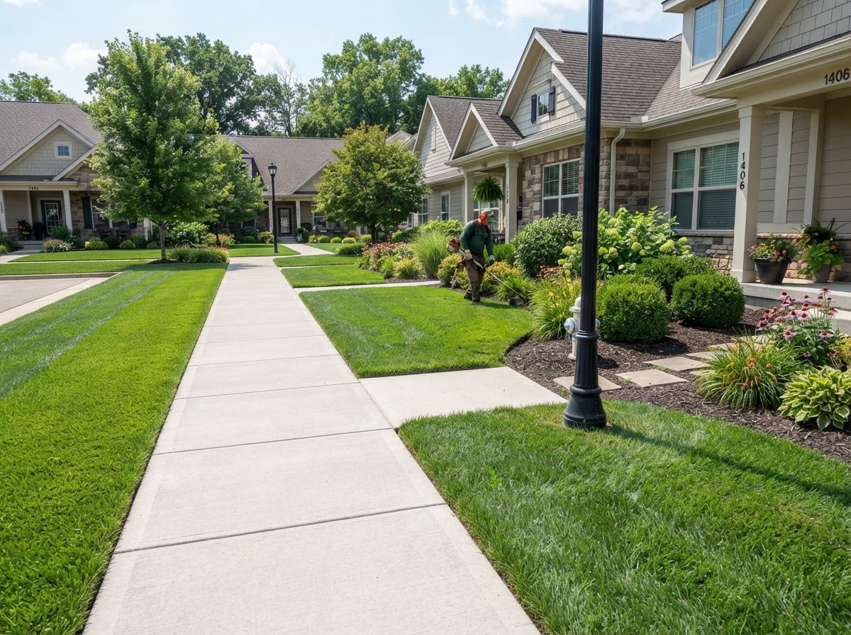 Edged sidewalk and maintained front yards on a rental-home street